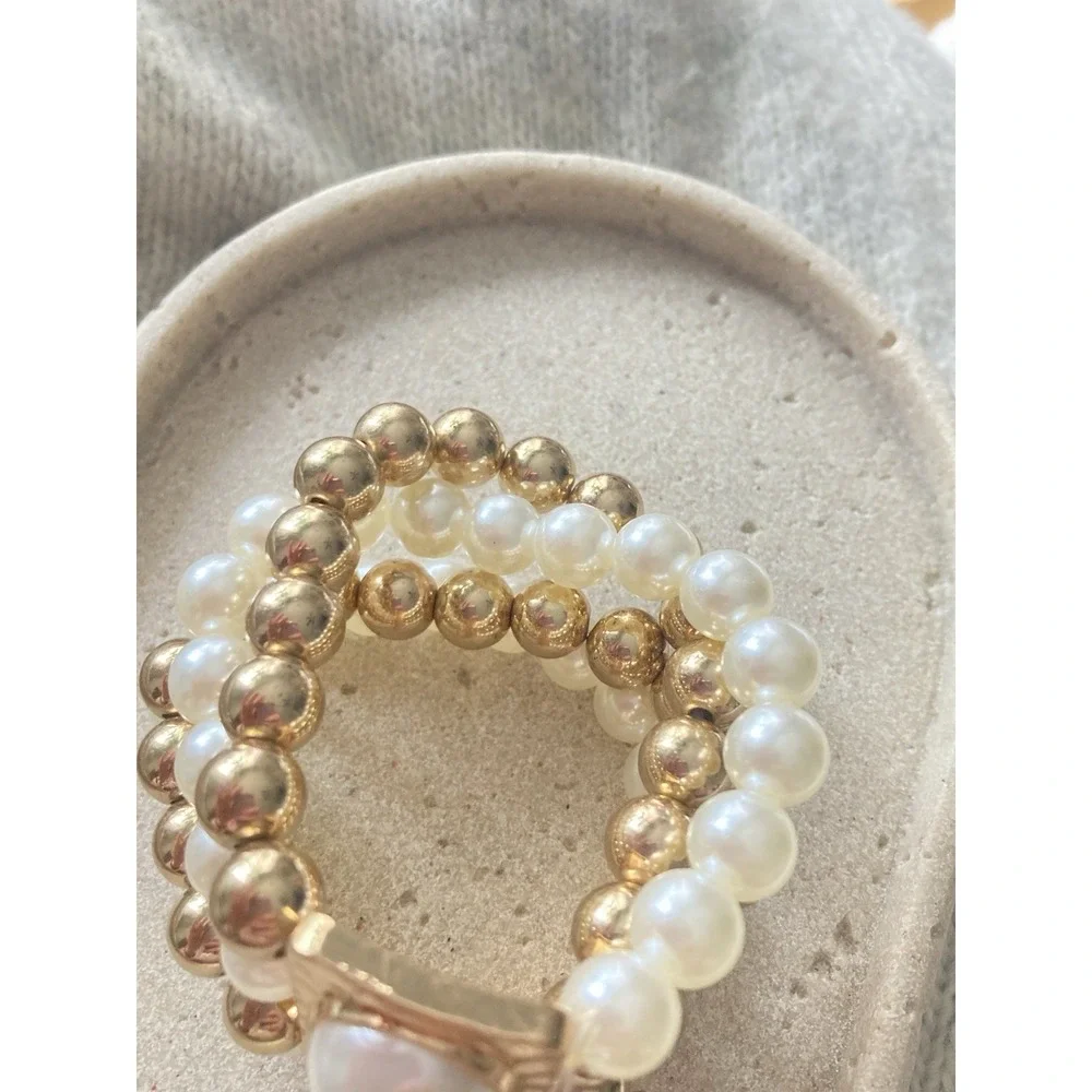 Gold Tone Faux Pearl Stretch Bracelet‎ Set Stacked Beaded Hammered Bold Glam